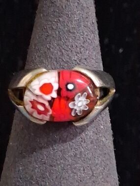 Vintage Alan K Millefiori Murano Glass Sterling Silver Ring Millefiori Sz 8.75